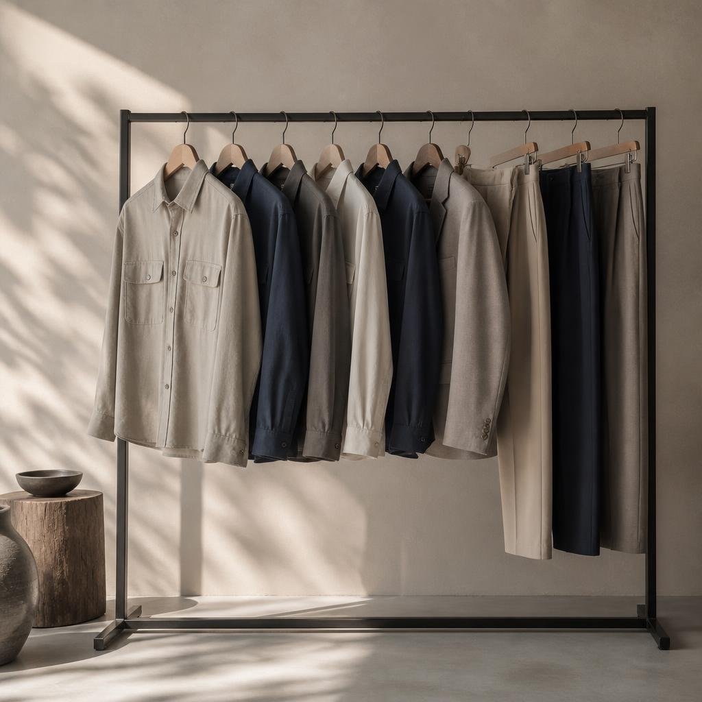 Refined casual business clothing on a garment rack