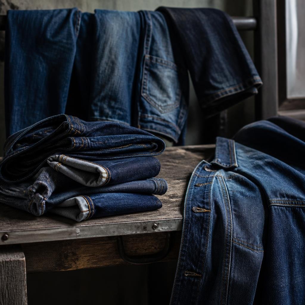 Indigo denim jeans and jackets with visible selvedge detail