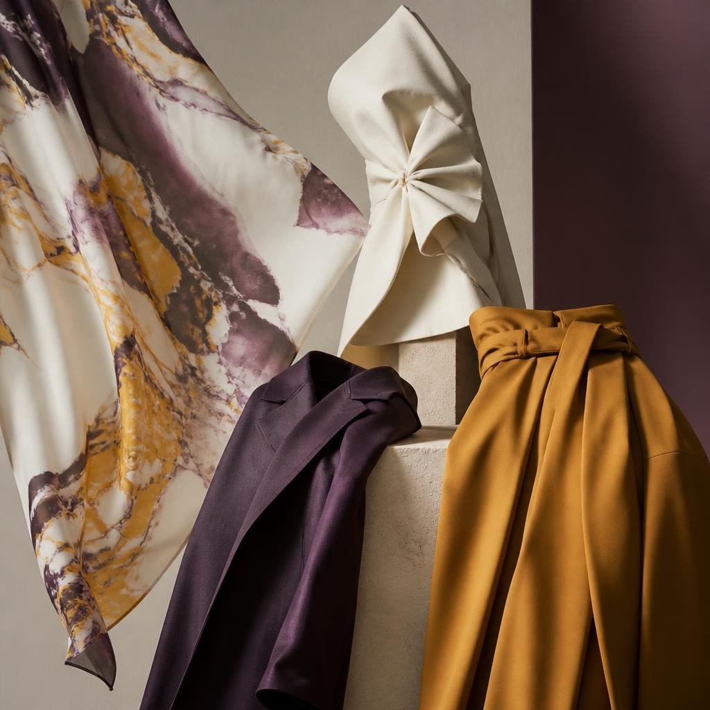 Contemporary printed and tailored fashion garments in an atelier