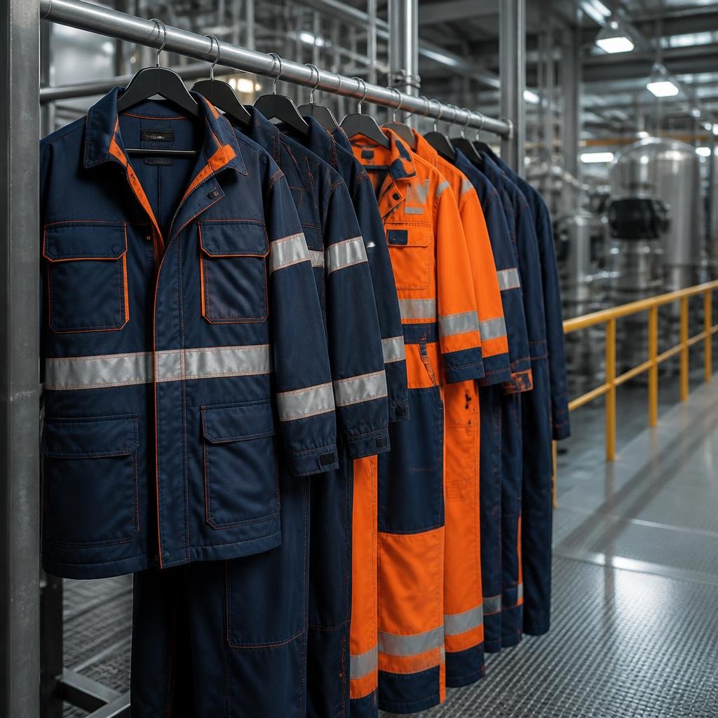 Fire-retardant workwear in navy and safety orange inside a factory
