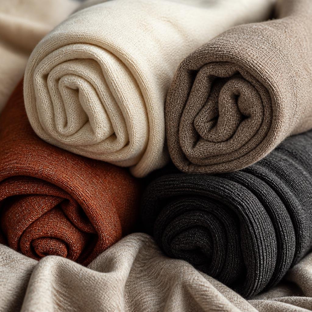 Soft knit jersey and rib fabrics in neutral and rust tones