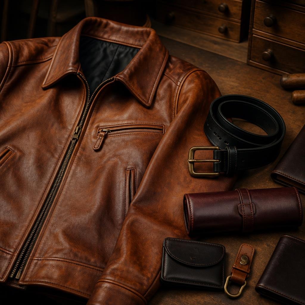 Cognac and oxblood leather garments and accessories on a workbench