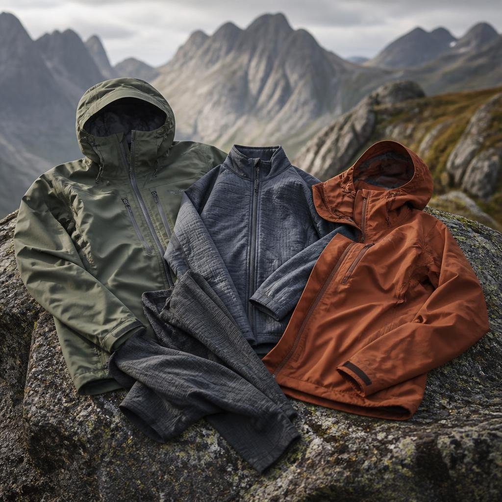 Technical outdoor jackets in slate, moss, and clay tones