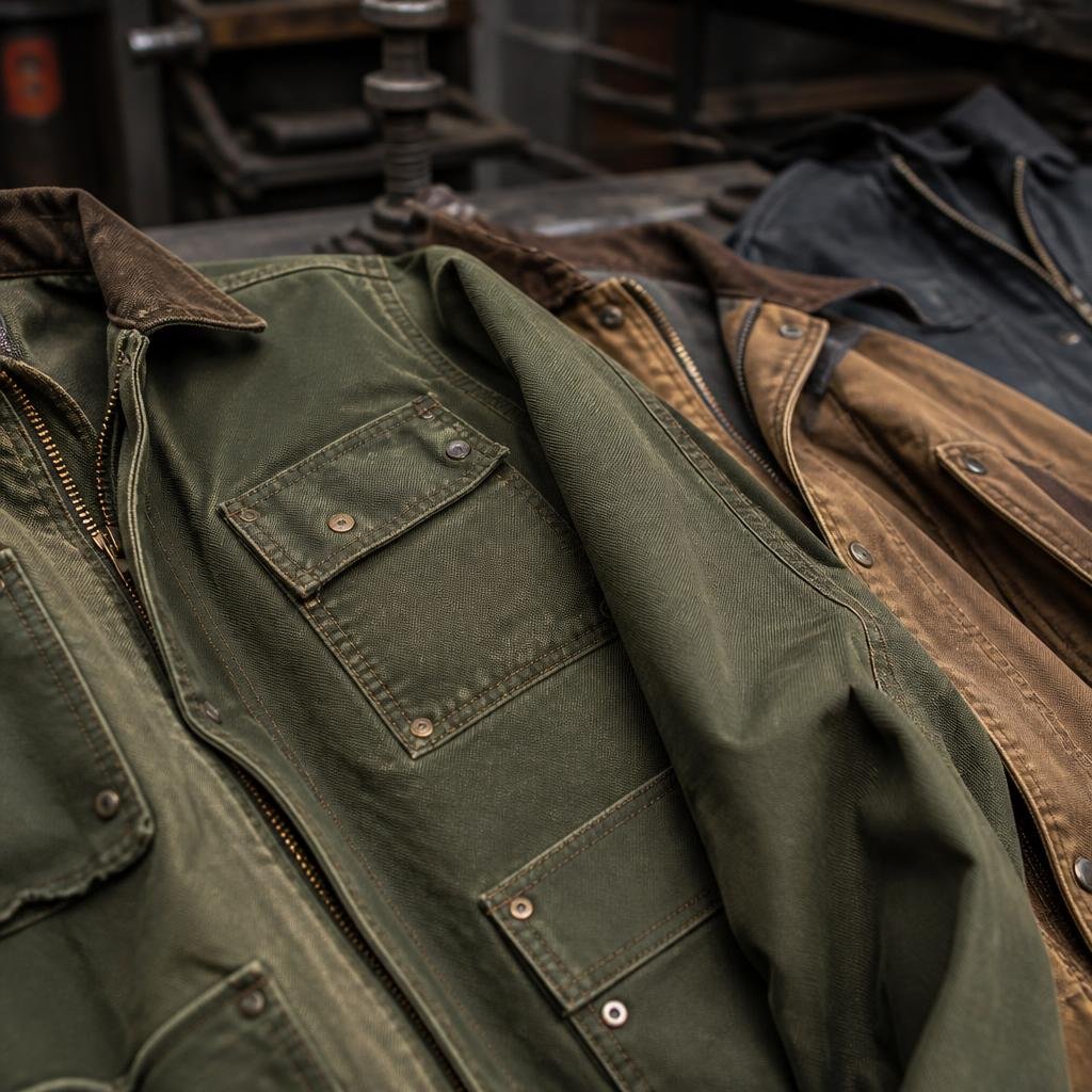 Durable olive and tobacco workwear with reinforced stitching