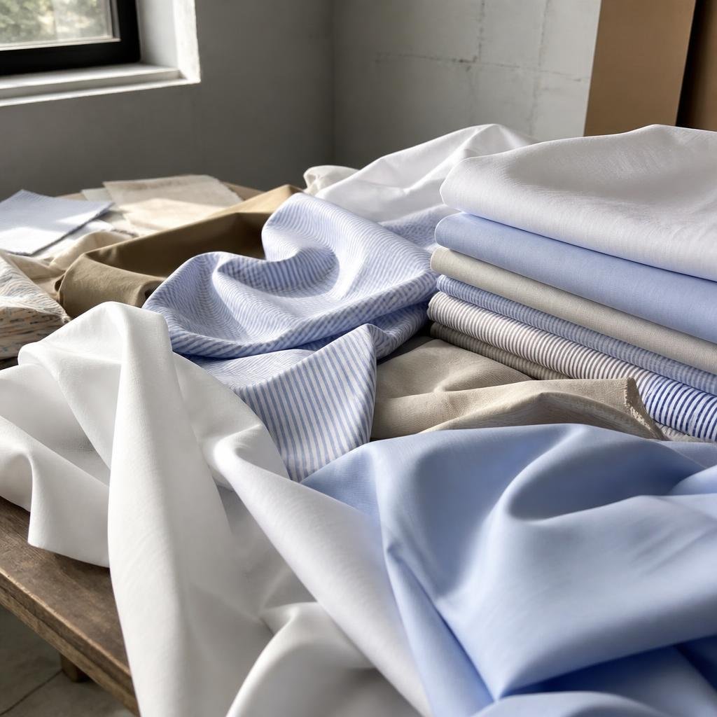 Premium woven shirting fabrics draped across a worktable