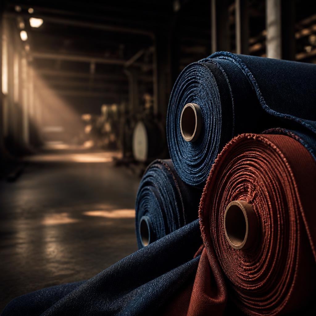 Indigo and rust fabric rolls inside a textile mill